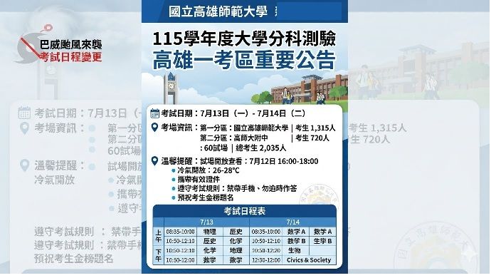 115學年度「財團法人大學入學考試中心基金會分科測驗」由國立高雄師範大學負責高雄一考區試務工作 115學年度「財團法人大學入學考試中心基金會分科測驗」由國立高雄師範大學負責高雄一考區試務工作