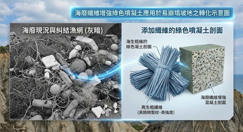 海委會成功將海廢轉身變綠色建材！ 高科大研發「海廢纖維噴凝土」，結合智慧感測打造濱海防災韌性國土